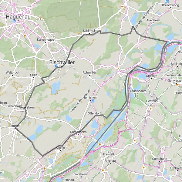 Map miniature of "Weyersheim-Kurtzenhouse-Dalhunden Loop" cycling inspiration in Alsace, France. Generated by Tarmacs.app cycling route planner