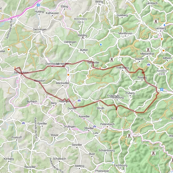 Miniature de la carte de l'inspiration cycliste "Tour des Montagnes d'Alsace" dans la Alsace, France. Générée par le planificateur d'itinéraire cycliste Tarmacs.app