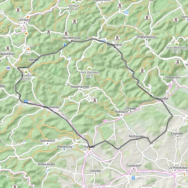 Miniature de la carte de l'inspiration cycliste "Tour du Mouterhouse" dans la Alsace, France. Générée par le planificateur d'itinéraire cycliste Tarmacs.app