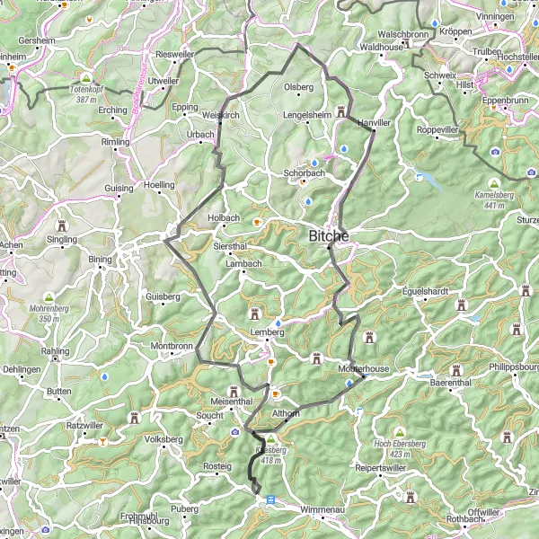 Map miniature of "Steinberg and Beyond" cycling inspiration in Alsace, France. Generated by Tarmacs.app cycling route planner