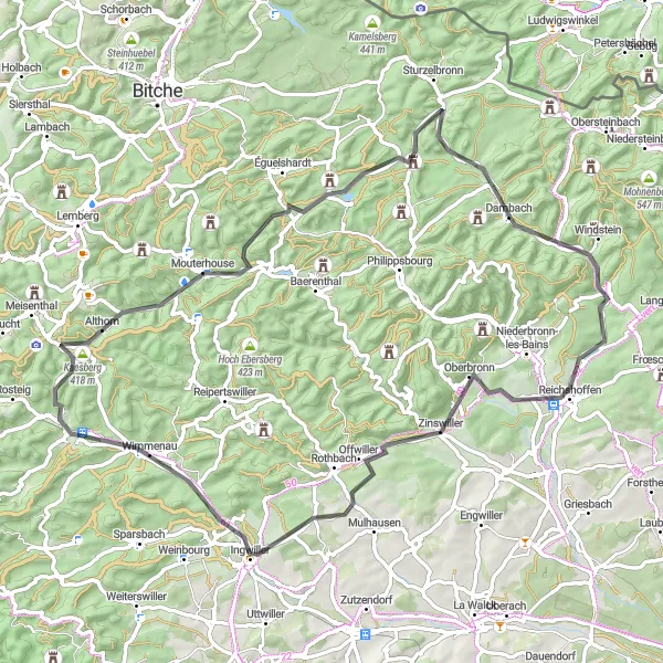 Map miniature of "The Northern Alsace Road Expedition" cycling inspiration in Alsace, France. Generated by Tarmacs.app cycling route planner