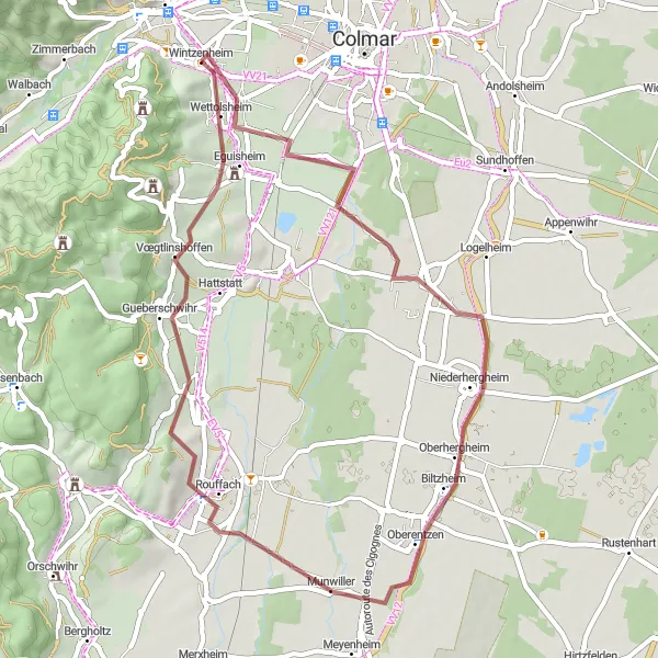 Map miniature of "Scenic Gravel Adventure" cycling inspiration in Alsace, France. Generated by Tarmacs.app cycling route planner