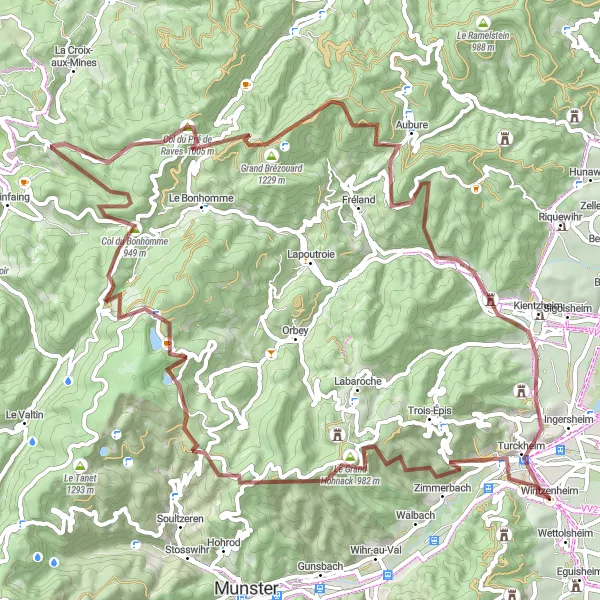 Miniature de la carte de l'inspiration cycliste "Circuit des Graviers" dans la Alsace, France. Générée par le planificateur d'itinéraire cycliste Tarmacs.app