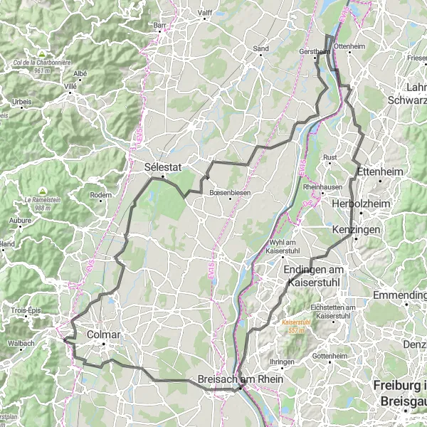 Map miniature of "Alsace Wine Route" cycling inspiration in Alsace, France. Generated by Tarmacs.app cycling route planner