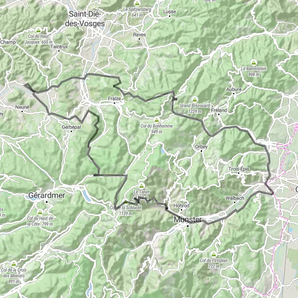 Map miniature of "Vosges Mountains Challenge" cycling inspiration in Alsace, France. Generated by Tarmacs.app cycling route planner