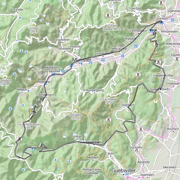 Map miniature of "Mountainous Adventure" cycling inspiration in Alsace, France. Generated by Tarmacs.app cycling route planner