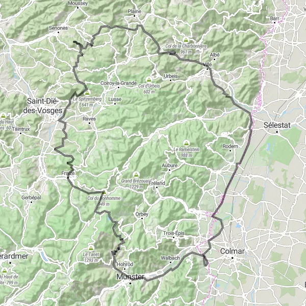 Miniature de la carte de l'inspiration cycliste "Le Circuit des Vosges" dans la Alsace, France. Générée par le planificateur d'itinéraire cycliste Tarmacs.app