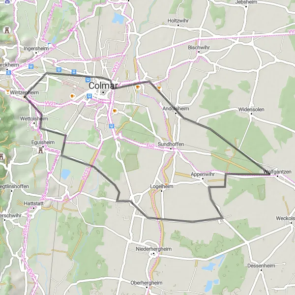 Map miniature of "Wintzenheim and Surroundings" cycling inspiration in Alsace, France. Generated by Tarmacs.app cycling route planner