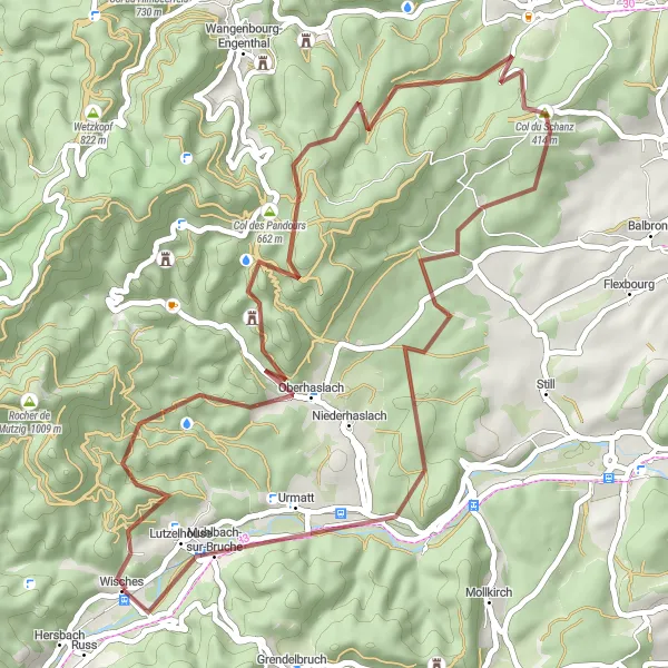 Miniature de la carte de l'inspiration cycliste "Parcours Gravel autour de Wisches" dans la Alsace, France. Générée par le planificateur d'itinéraire cycliste Tarmacs.app