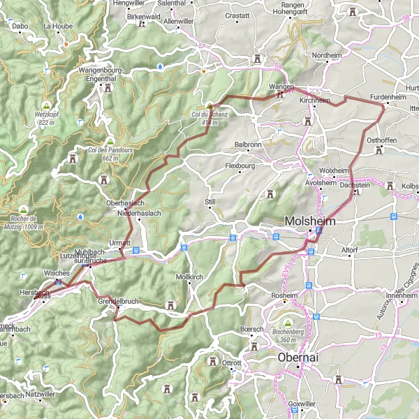 Miniature de la carte de l'inspiration cycliste "Boucle de Wisches - Schwarzbach" dans la Alsace, France. Générée par le planificateur d'itinéraire cycliste Tarmacs.app