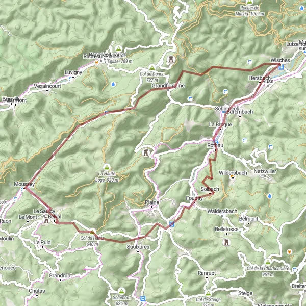 Map miniature of "Adventure in the Heart of Nature near Wisches" cycling inspiration in Alsace, France. Generated by Tarmacs.app cycling route planner