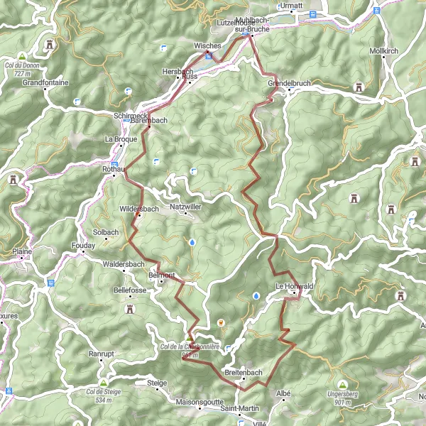 Map miniature of "Rugged Gravel Adventure near Wisches" cycling inspiration in Alsace, France. Generated by Tarmacs.app cycling route planner