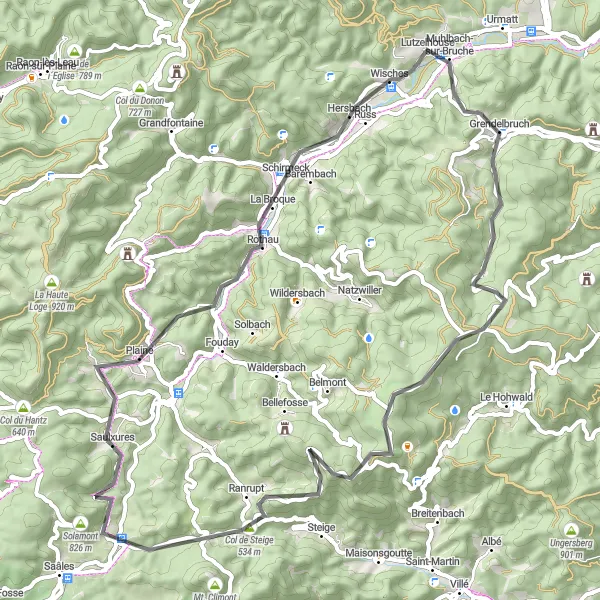 Miniature de la carte de l'inspiration cycliste "Boucle Cycliste près de Wisches - Alsace" dans la Alsace, France. Générée par le planificateur d'itinéraire cycliste Tarmacs.app