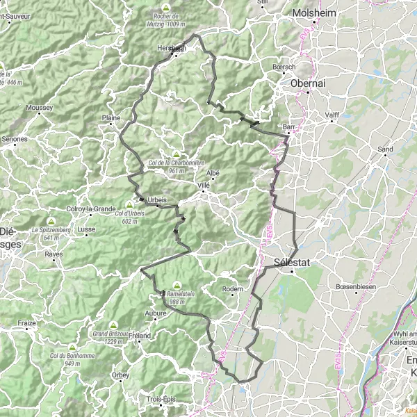 Map miniature of "Wisches Loop" cycling inspiration in Alsace, France. Generated by Tarmacs.app cycling route planner