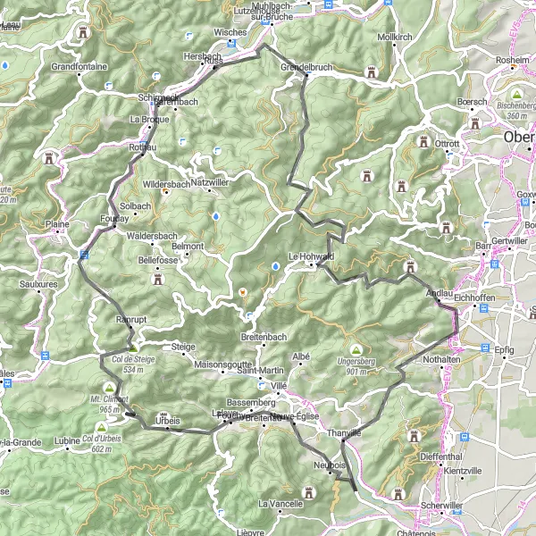 Miniature de la carte de l'inspiration cycliste "Tour des Vallées Vosgiennes" dans la Alsace, France. Générée par le planificateur d'itinéraire cycliste Tarmacs.app