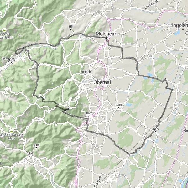 Miniature de la carte de l'inspiration cycliste "Parcours des Vosges centrales" dans la Alsace, France. Générée par le planificateur d'itinéraire cycliste Tarmacs.app