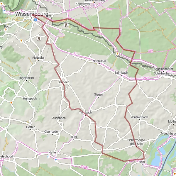 Miniature de la carte de l'inspiration cycliste "Parcours pittoresque à la découverte de l'Alsace du Nord" dans la Alsace, France. Générée par le planificateur d'itinéraire cycliste Tarmacs.app
