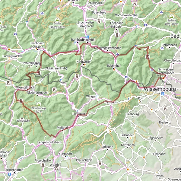 Miniature de la carte de l'inspiration cycliste "Les Collines du Nord de l'Alsace" dans la Alsace, France. Générée par le planificateur d'itinéraire cycliste Tarmacs.app