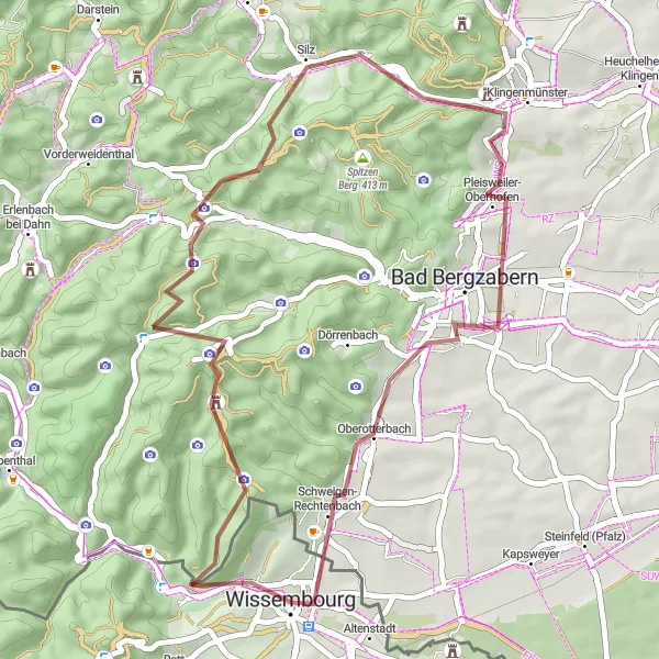 Map miniature of "Forest Adventures: From Bad Bergzabern to Schweigen-Rechtenbach" cycling inspiration in Alsace, France. Generated by Tarmacs.app cycling route planner