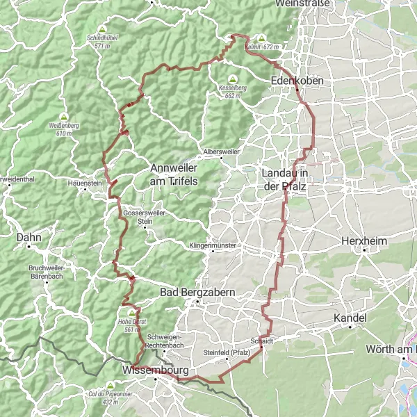 Map miniature of "The Charming Route through Northern Alsace and Southern Palatinate" cycling inspiration in Alsace, France. Generated by Tarmacs.app cycling route planner