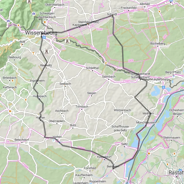Miniature de la carte de l'inspiration cycliste "Vers les Villages du Bas-Rhin" dans la Alsace, France. Générée par le planificateur d'itinéraire cycliste Tarmacs.app