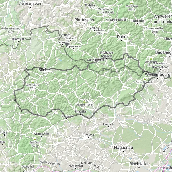 Map miniature of "The Hills of Wissembourg" cycling inspiration in Alsace, France. Generated by Tarmacs.app cycling route planner