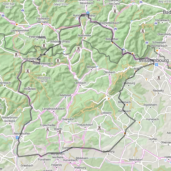 Map miniature of "Wissembourg and Beyond" cycling inspiration in Alsace, France. Generated by Tarmacs.app cycling route planner