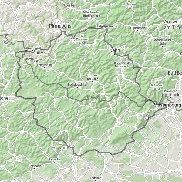 Miniature de la carte de l'inspiration cycliste "Parcours cycliste d'exception entre Wissembourg et Lemberg" dans la Alsace, France. Générée par le planificateur d'itinéraire cycliste Tarmacs.app