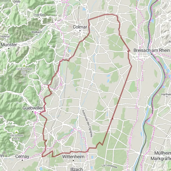 Miniature de la carte de l'inspiration cycliste "Les Collines et Vallées Vosgiennes en Gravel" dans la Alsace, France. Générée par le planificateur d'itinéraire cycliste Tarmacs.app