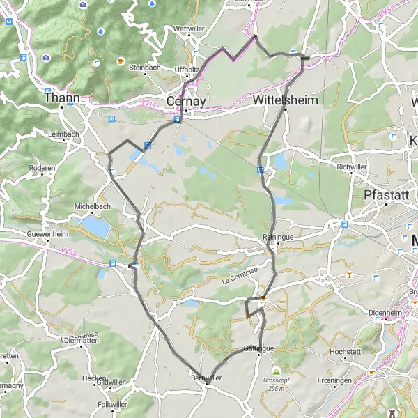 Map miniature of "Wittelsheim Loop" cycling inspiration in Alsace, France. Generated by Tarmacs.app cycling route planner