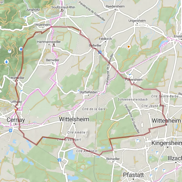 Map miniature of "Richwiller Gravel Loop" cycling inspiration in Alsace, France. Generated by Tarmacs.app cycling route planner