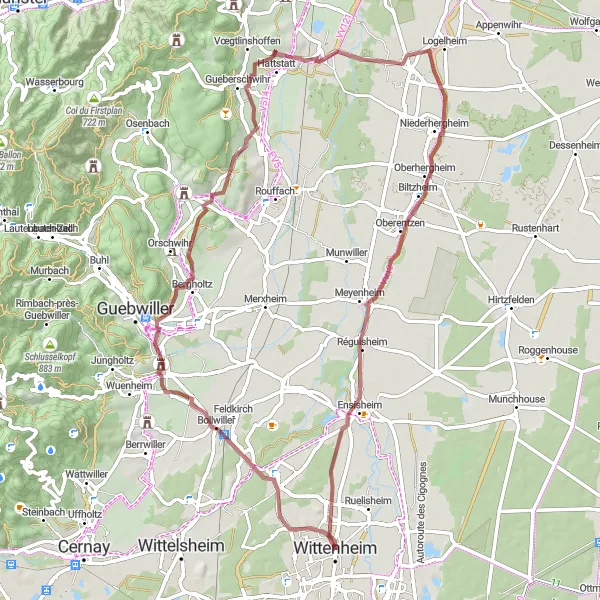 Map miniature of "Wittenheim - Bollwiller - Soultz-Haut-Rhin - Table d'orientation - Herrlisheim-près-Colmar - Biltzheim - Ensisheim - Cité Sainte-Barbe" cycling inspiration in Alsace, France. Generated by Tarmacs.app cycling route planner