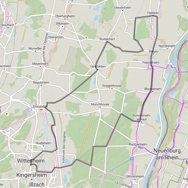 Miniature de la carte de l'inspiration cycliste "Ensisheim to Baldersheim Cycling Route" dans la Alsace, France. Générée par le planificateur d'itinéraire cycliste Tarmacs.app