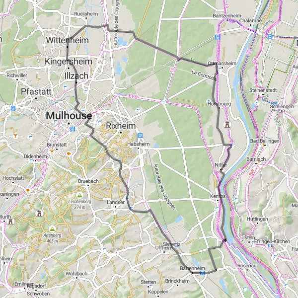 Map miniature of "Battenheim Road Circuit" cycling inspiration in Alsace, France. Generated by Tarmacs.app cycling route planner