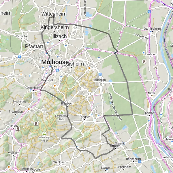 Map miniature of "Wittenheim - Kingersheim - Bivouac, feux interdits - Waltenheim - Kœtzingue - Lerchenberg - Vue sur Mulhouse - Mulhouse - Wittenheim" cycling inspiration in Alsace, France. Generated by Tarmacs.app cycling route planner