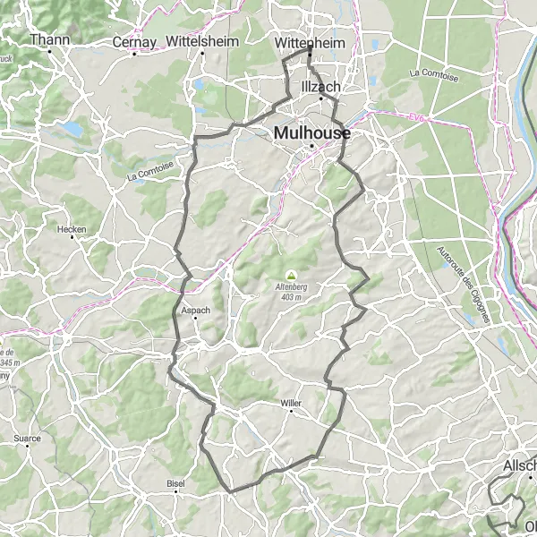 Map miniature of "Wittenheim - Kingersheim - Kœtzingue - Riespach - Carspach - Pfastatt" cycling inspiration in Alsace, France. Generated by Tarmacs.app cycling route planner