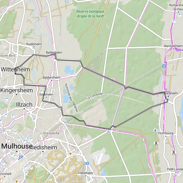 Map miniature of "Wittenheim - Battenheim - Ottmarsheim - Kingersheim - Wittenheim" cycling inspiration in Alsace, France. Generated by Tarmacs.app cycling route planner