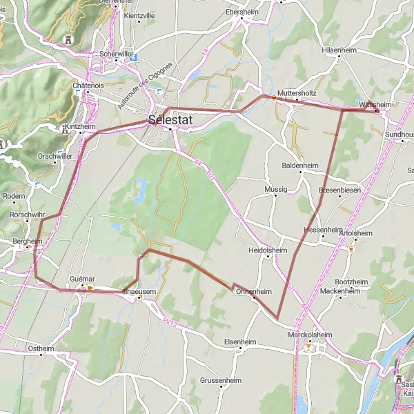 Map miniature of "The Tranquil Trails of Rorschwihr" cycling inspiration in Alsace, France. Generated by Tarmacs.app cycling route planner
