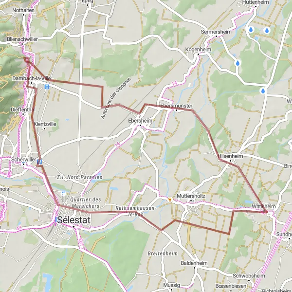 Map miniature of "Dive into Dambach-la-Ville" cycling inspiration in Alsace, France. Generated by Tarmacs.app cycling route planner