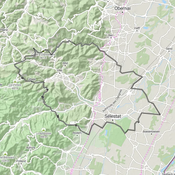Map miniature of "The Ultimate Alsace Road Cycling Challenge" cycling inspiration in Alsace, France. Generated by Tarmacs.app cycling route planner