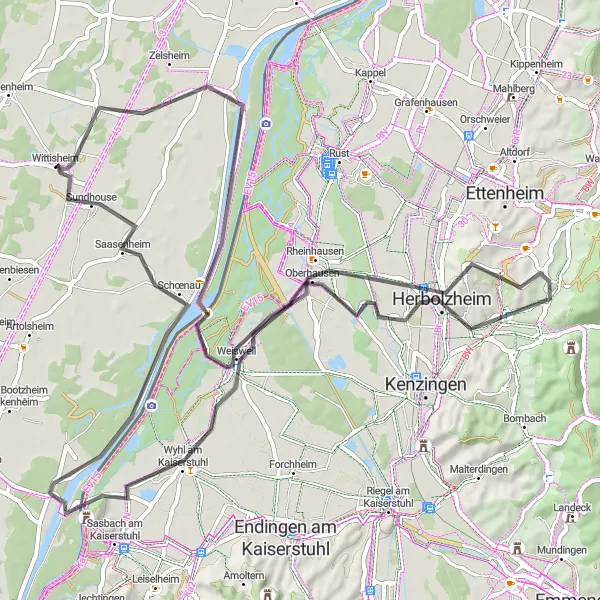 Miniature de la carte de l'inspiration cycliste "Le Circuit des Vignobles d'Alsace" dans la Alsace, France. Générée par le planificateur d'itinéraire cycliste Tarmacs.app