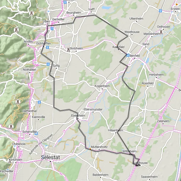 Miniature de la carte de l'inspiration cycliste "Parcours Route à travers les Vignobles d'Alsace" dans la Alsace, France. Générée par le planificateur d'itinéraire cycliste Tarmacs.app
