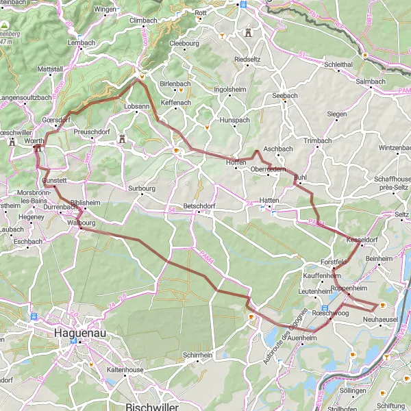 Map miniature of "The Gravel Expedition" cycling inspiration in Alsace, France. Generated by Tarmacs.app cycling route planner