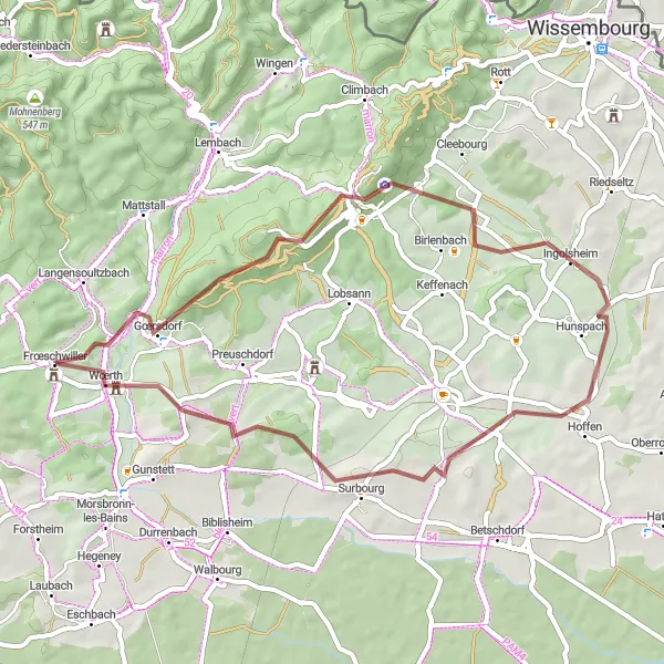 Map miniature of "Alsace Gravel Adventure" cycling inspiration in Alsace, France. Generated by Tarmacs.app cycling route planner