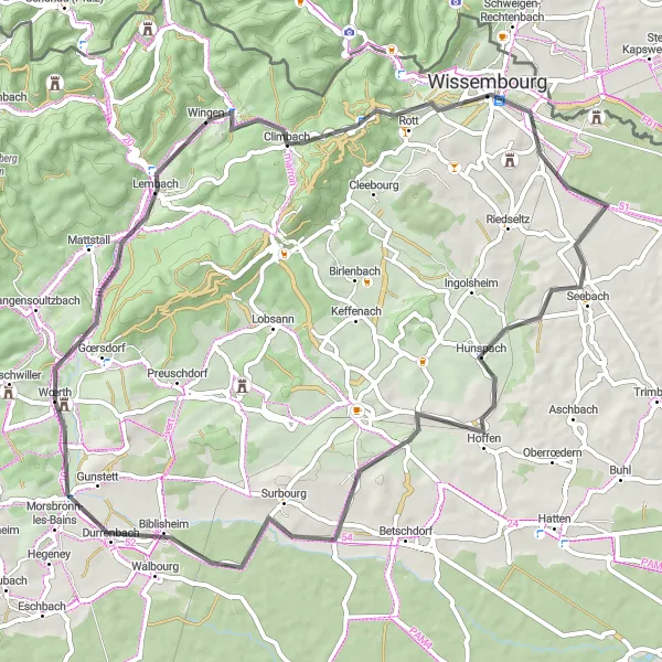 Map miniature of "The Road Adventure" cycling inspiration in Alsace, France. Generated by Tarmacs.app cycling route planner