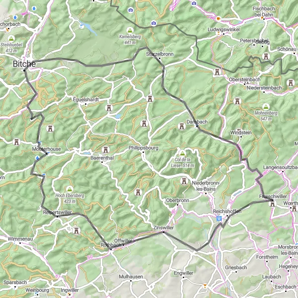 Map miniature of "Reichshoffen Loop" cycling inspiration in Alsace, France. Generated by Tarmacs.app cycling route planner