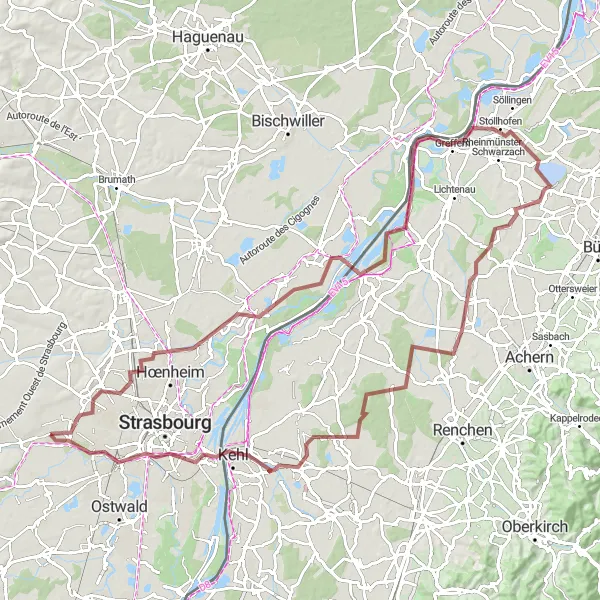 Miniature de la carte de l'inspiration cycliste "Les Chemins de Gravel d'Alsace" dans la Alsace, France. Générée par le planificateur d'itinéraire cycliste Tarmacs.app