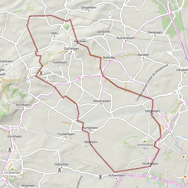 Miniature de la carte de l'inspiration cycliste "Aventure gravel à travers le Kochersberg" dans la Alsace, France. Générée par le planificateur d'itinéraire cycliste Tarmacs.app
