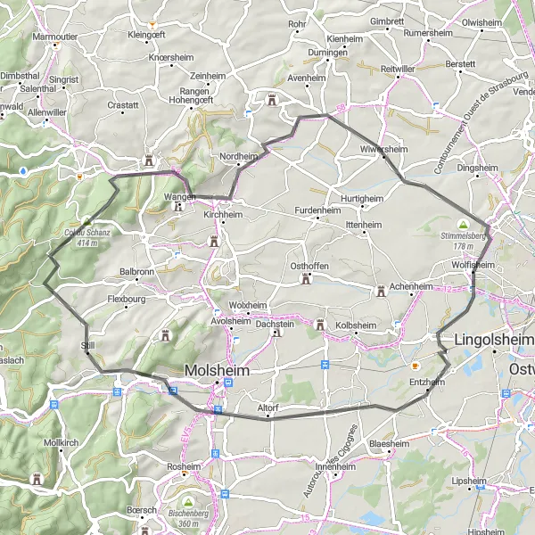 Map miniature of "Holtzheim to Schnersheim" cycling inspiration in Alsace, France. Generated by Tarmacs.app cycling route planner