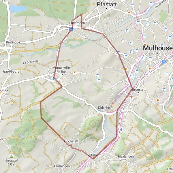 Map miniature of "Short Gravel Loop from Zillisheim" cycling inspiration in Alsace, France. Generated by Tarmacs.app cycling route planner